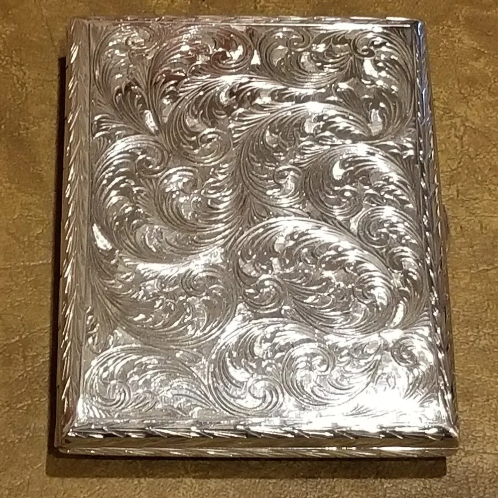 ITALIAN MONICA RICH KOSANN ENGRAVED FLORAL SILVER 4 IMAGE CASE FRAME PHOTO ALBUM